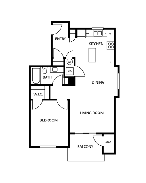 Floor plan for 1 bed, 1 bath, 832 sqft